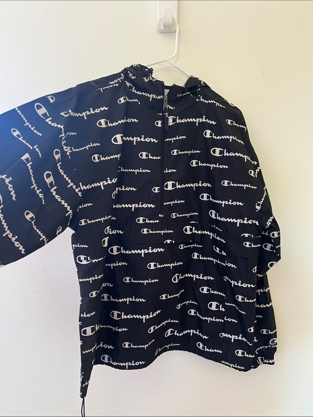 Champion Black All-Over Logo Pullover Windbreaker Hoodie Size Large
